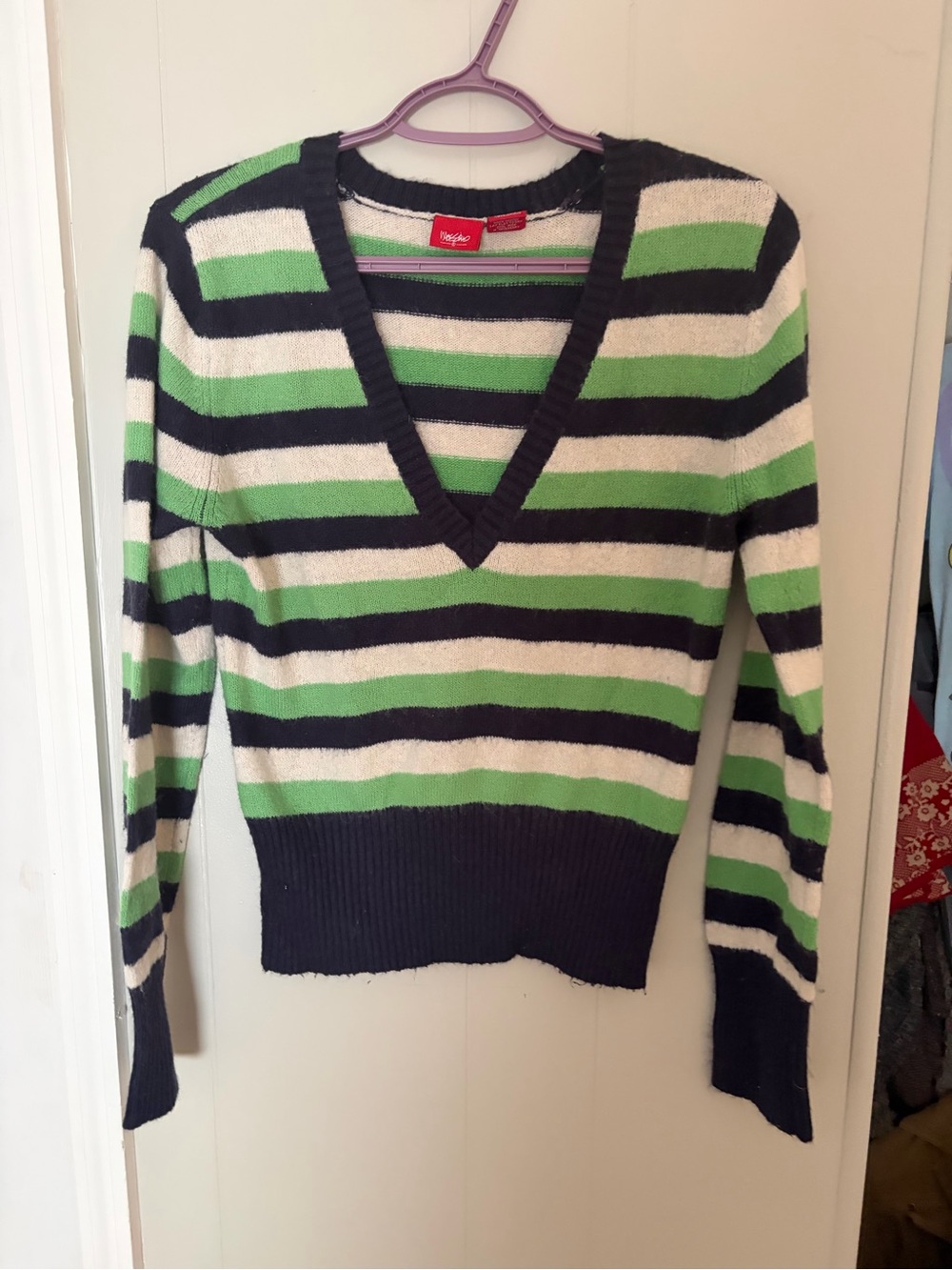 Striped V-Neck Sweater - Green, Navy & White